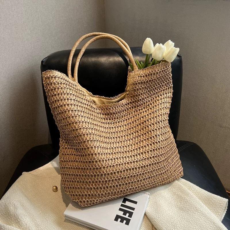 Simple and large-capacity straw woven bag New versatile woven bag Shoulder tote bag Seaside vacation beach bag Women's bag