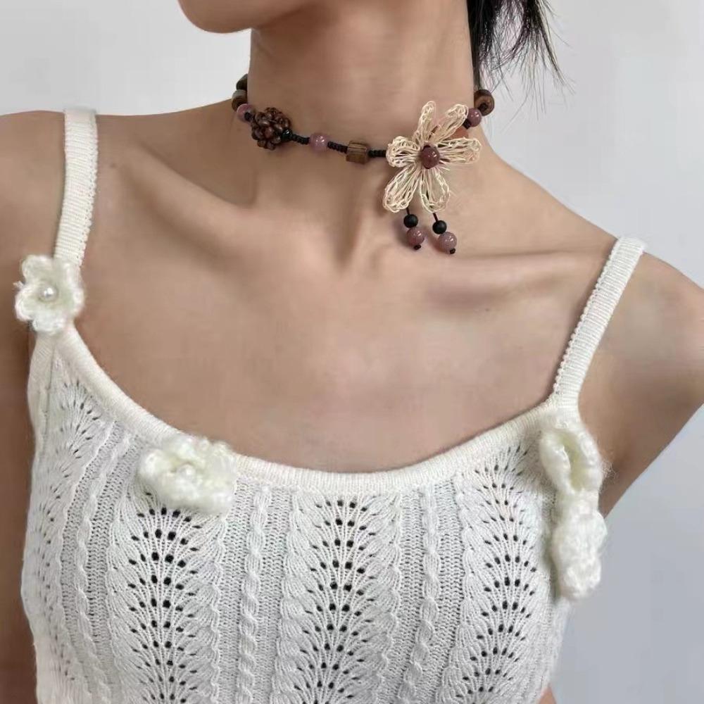 Bohemia White Hollowed-out Five-petal Flower Pendant Wooden Beads Black Rope Woven Necklace for Women Jewelry Two Ways To Wear