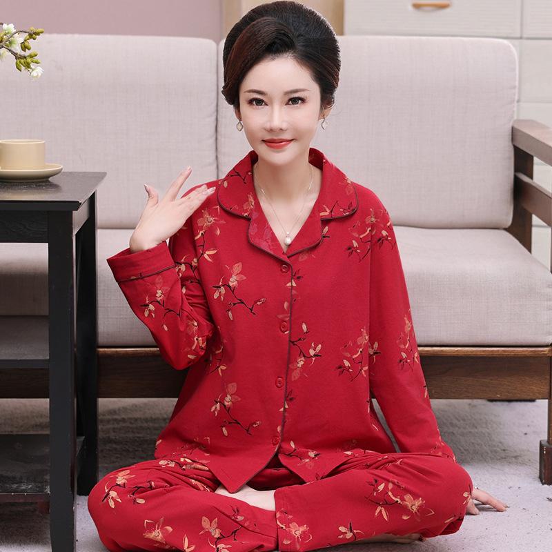 Festive Red Pure Cotton Long-Sleeve Pajama Set for Middle-Aged & Elderly Women (2026)