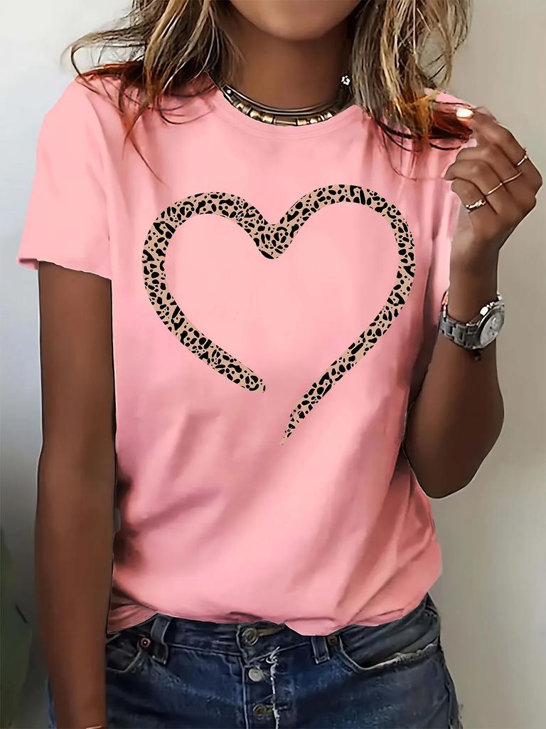 Leopard Heart Print Women's Short Sleeve Crew Neck T-Shirt Design Casual Trendy Graphic Tee Y2k Top Women Clothes