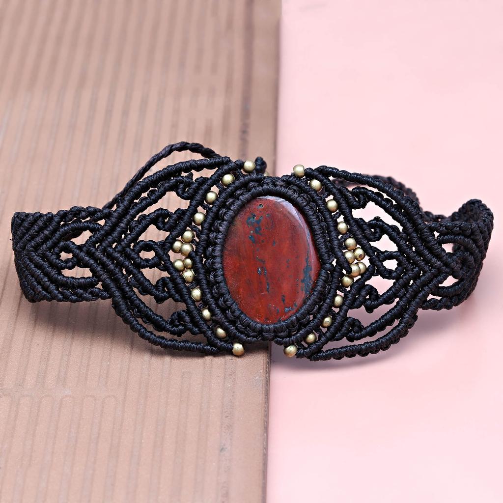 Macrame Red Bracelet Jasper Crystal Pendant Handmade Natural Thread Bohemian