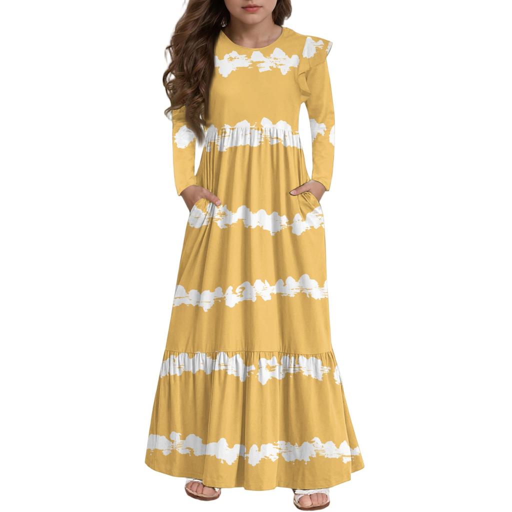 Girls' Tiered Ruffle Dress - Long Sleeve Printed Maxi With Pockets