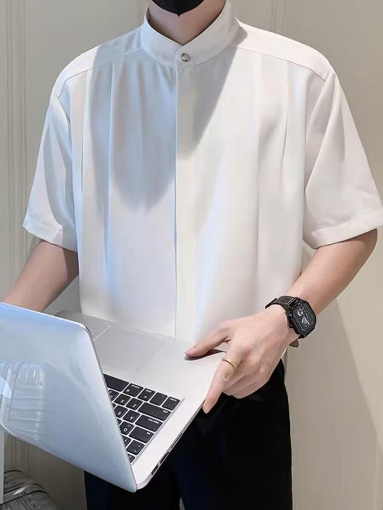 Men's Summer Short-Sleeve Ice Silk Shirt - New Chinese Style, Korean Slim Fit, Iron-Free, Light Mature Design