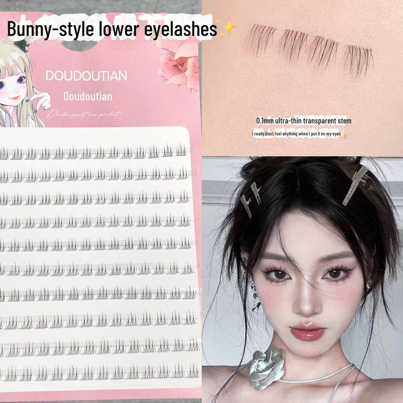 Doudou Sweet Bunny Natural Soft Lower Eyelashes - Segmented, Transparent, Thin Stem
