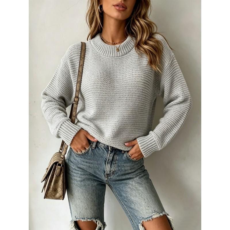Womens Loose Knit Sweater Pullover Round Neck Solid Color Long Sleeve Casual Top Winter
