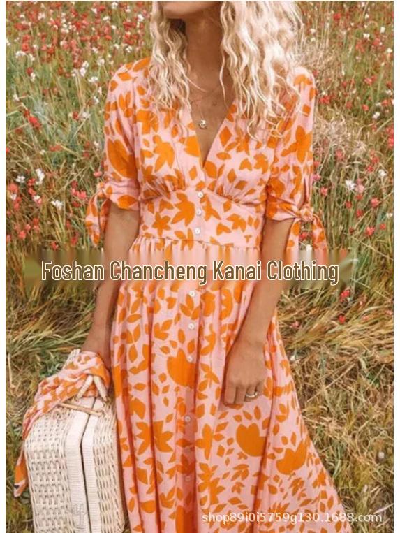 

2024 New European & American V-Neck Five-Sleeve Printed Tie Dress Double Extra Large