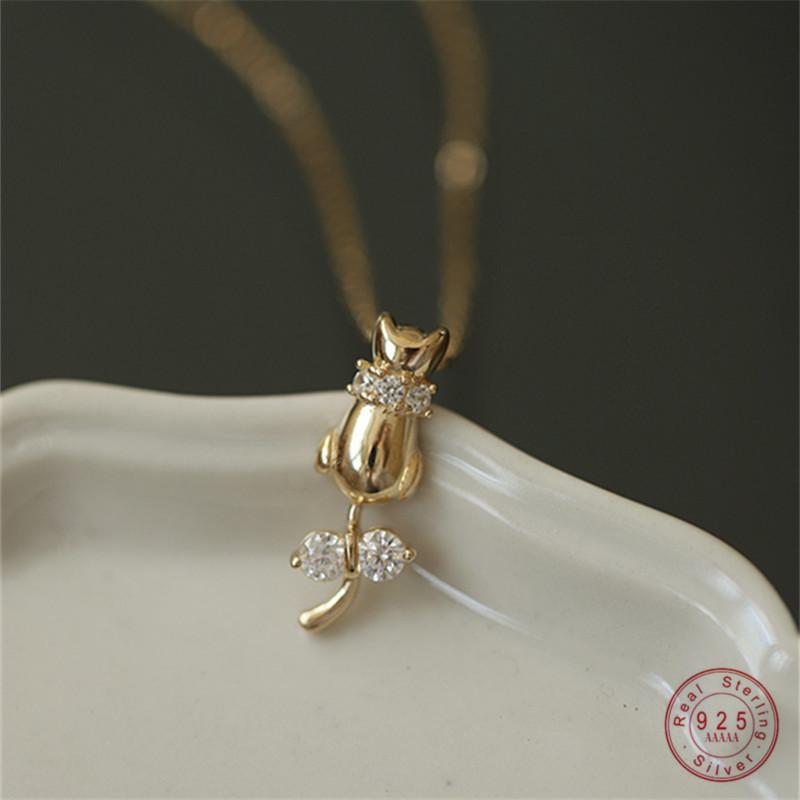 925 Sterling Silver Cute Cat Pendant Clear CZ Bowknot Silver Chain Necklace for Women 14K Gold Plated Fine Jewelry Gift