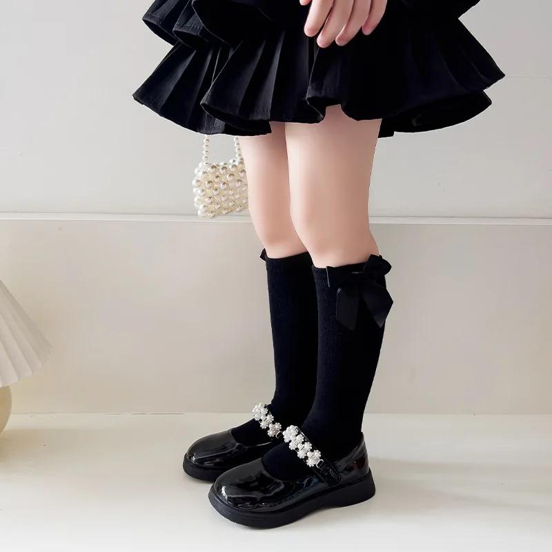 Girls Princess Bow Mid Calf Socks Spring Autumn Solid Student Dance Long Tube Socks For Little Kids