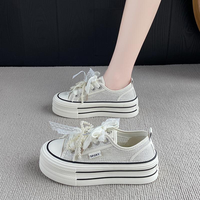 Fashion CRLAYDK Fashion Platform Mesh Shoes for Women Lace Pearl Casual Sneakers Ladies Lace Up Sports Walking Breathable Tennis