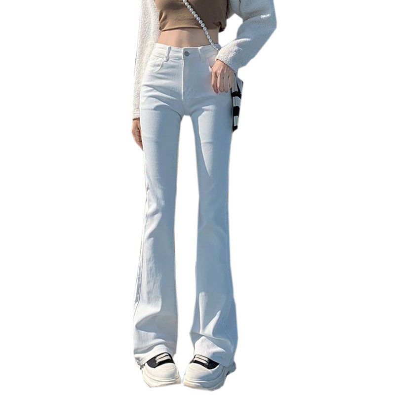 White Straight Jeans Women High Waist Elastic Slim Thin Small People Drag The Ground Horseshoe Flare Trousers Jeans for Women Long Denim Pants