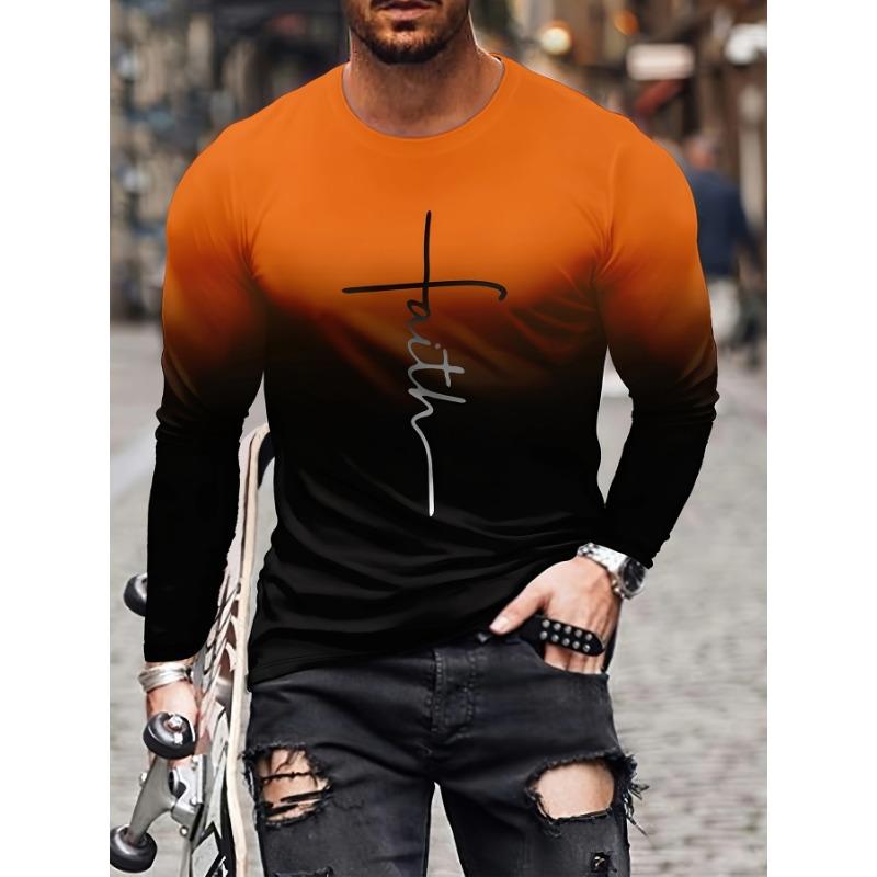 Autumn Round Neck Color Block 'Faith' Graphic 3D Printed T-shirts Fashionable Casual Long Sleeved Men's T-shirts