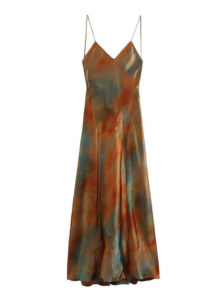 2023 Rainbow Print V-Neck Backless Suspender Dress