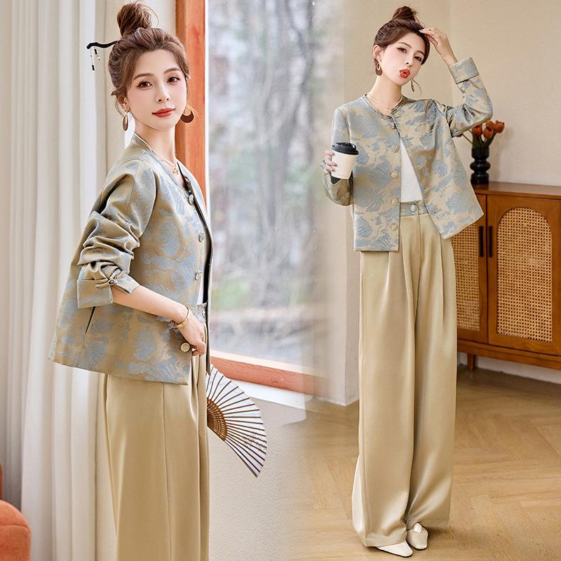 New spring jacquard jacket women's wide-leg pants two-piece set spring design wear a complete set