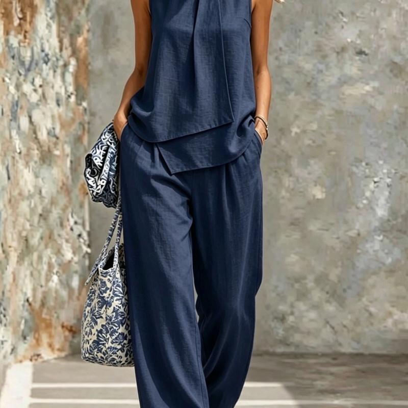 Women's Sleeveless Asymmetrical Top and Wide Leg Pants Two Piece Loose Casual Set