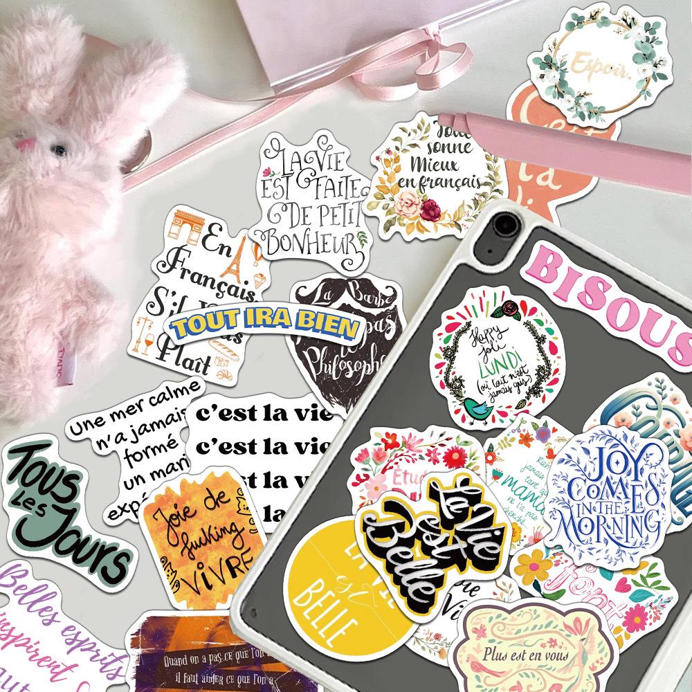 50-Piece Set of French Motivational Quote Stickers for Journals, Water Bottles, and Phone Cases.