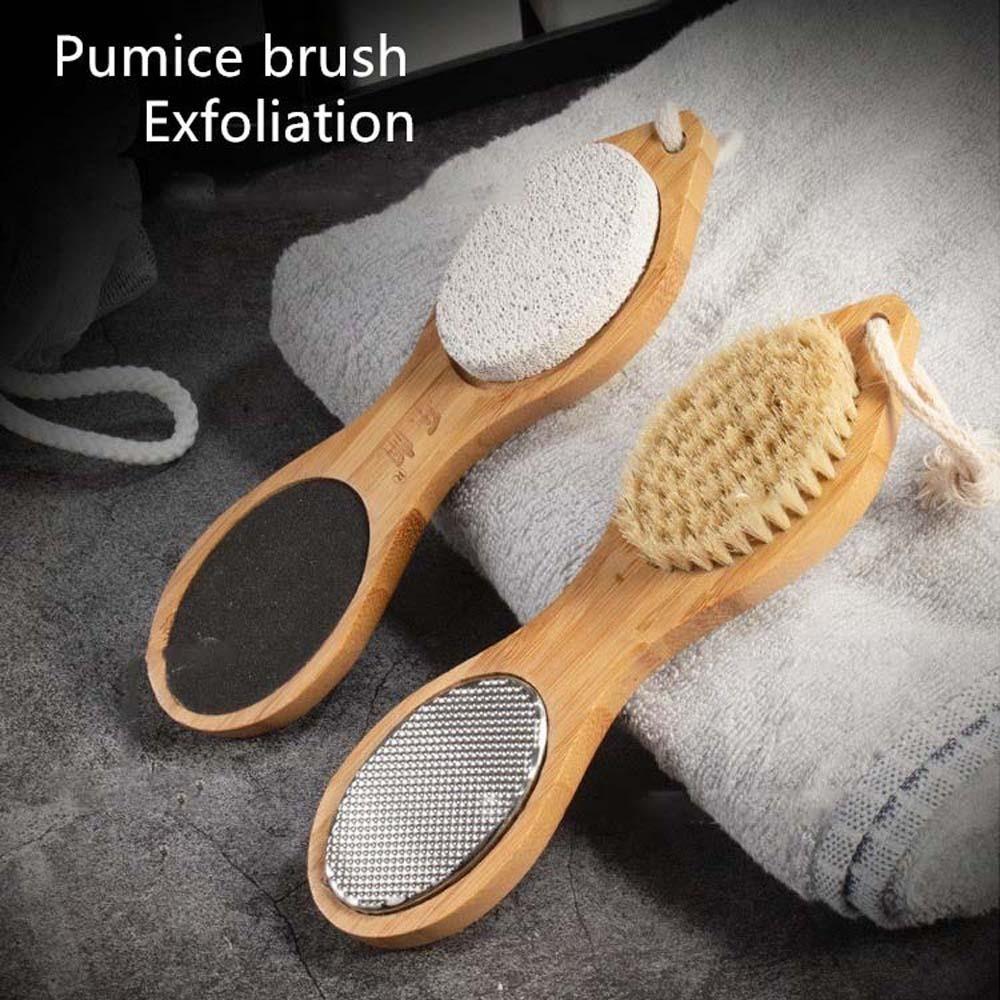 Handheld Wooden Handle Foot File Four in One Design with Hanging Hole Feet Callus Remover Wet and Dry Uses Comfortable Grip