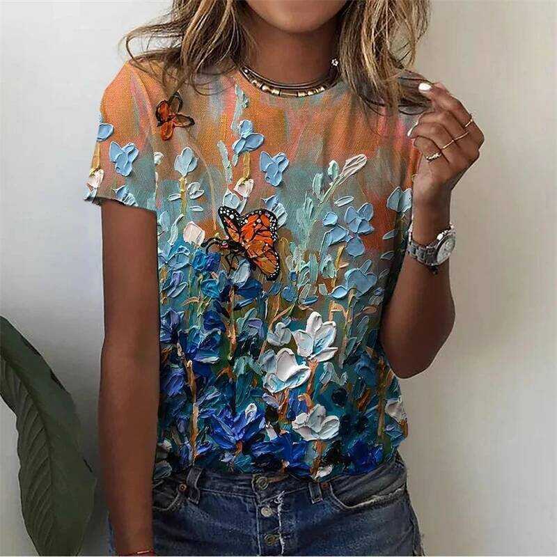 Women's T-Shirt with 3D Flower Print - Summer Short Sleeve