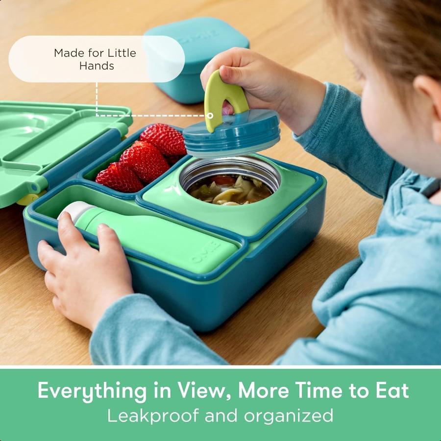 Box Bento Box for Insulated Bento Lunch Box with Leak Proof Thermos Food Jar 3 Compartments Two Temperature Zones Meadow