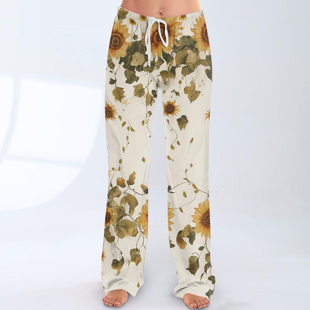 Pantalon Casual Imprimé à Taille Élastique à Cordon de Serrage, Coupe Ample pour Femme