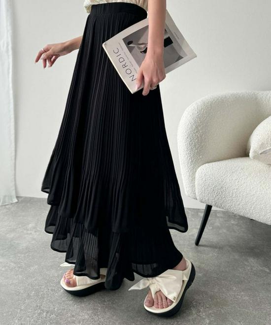 Elegant Japanese-Style Double-Layer Pleated Chiffon Skirt, Slimming and Versatile with an Elastic Waist