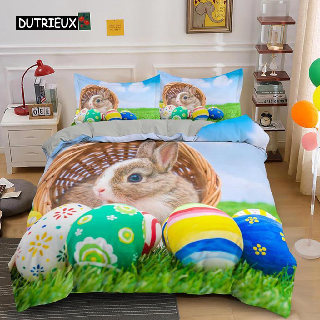 Easter Duvet Cover Set Queen Size Golden Egg Twin Bedding Set for Kids Boys Girls Easter Theme Polyester Comfortable Quilt Cover