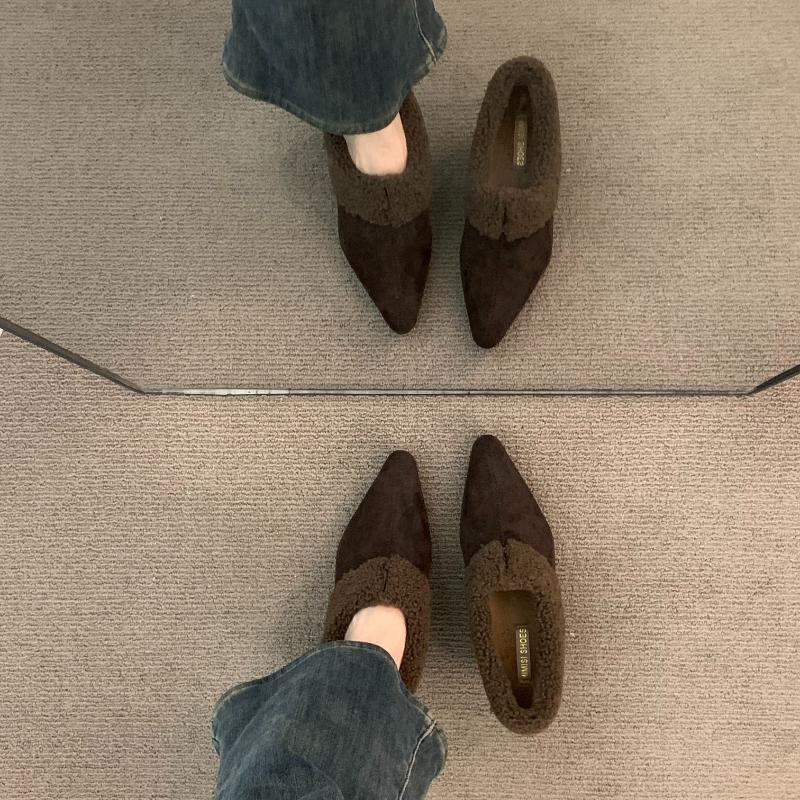 2026 New Spring Autumn Women Fleece Lined Loafer Shoes Concise Short Plush Shoes Eelgant Slip On Dress Thick Heel Pumps Shoes