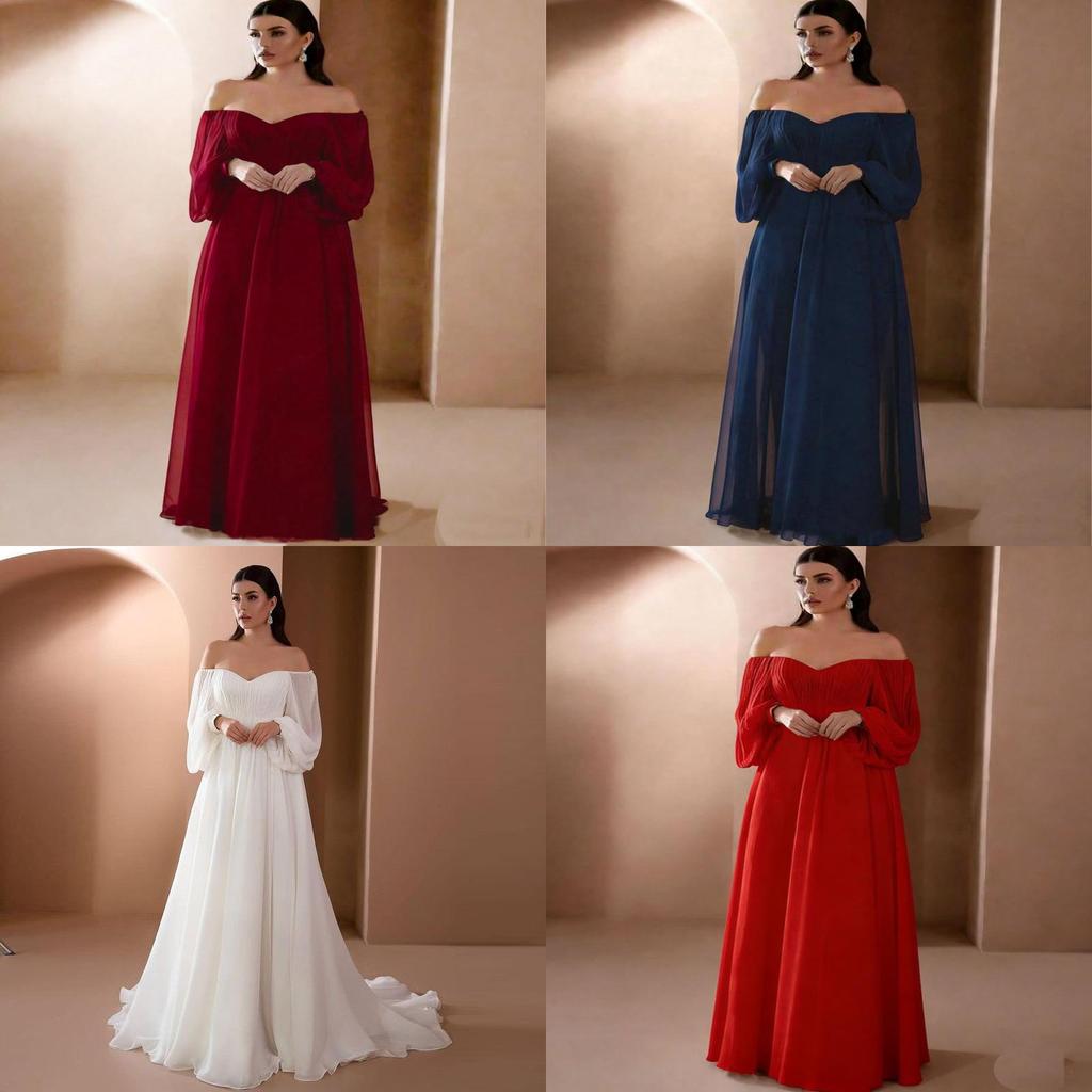 Elegant One Shoulder Long Sleeve Chiffon Dress For Wedding And Party With Classic Style For Women