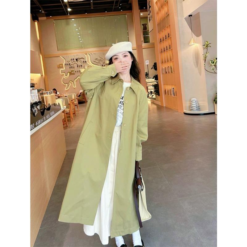 Retro Koreanisches Pickelgrün Langer Windbreaker für Damen Herbst Neu Hong Kong Stil Retro Lockerer Mantel