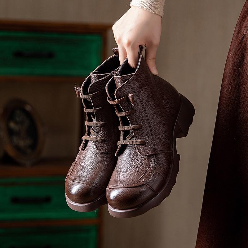 Johnature Genuine Leather Warm Round Toe Soft Soled Short Boots Low Heel Non Slip Casual Women's Shoes