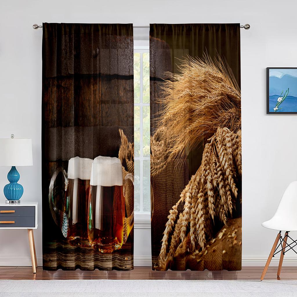 Glasses of Beer and Ale Barrel on Wooden Table Tulle Curtains for Living Room Bedroom Decor Chiffon Sheer Voile Kitchen Curtain
