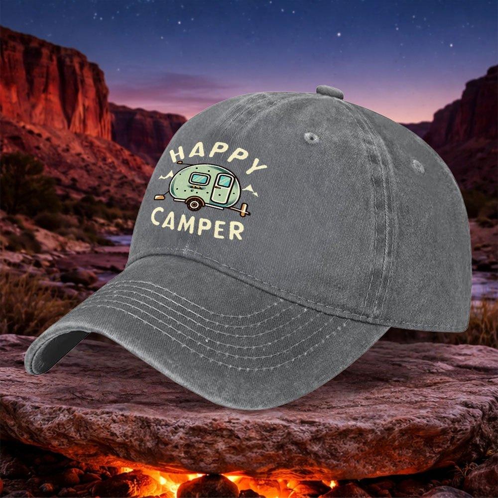 1pc Happy Camper Retro Style Unisex Washable Baseball Cap Casual Trendy Black Outdoor Hat For Camping Hiking Travel Sports