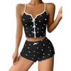 Heart Print Color Block Camisole Pajama Set with Front Slit