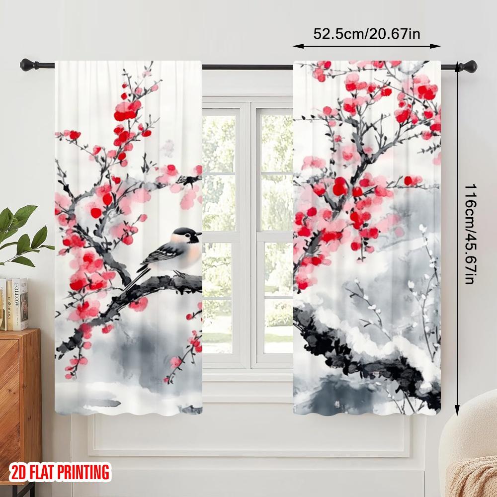 2pcs,2D Plane Printing Light Filtering Curtains Winter Blossoms Versatile Polyester (without Rod) Holiday Use for Various Rooms,