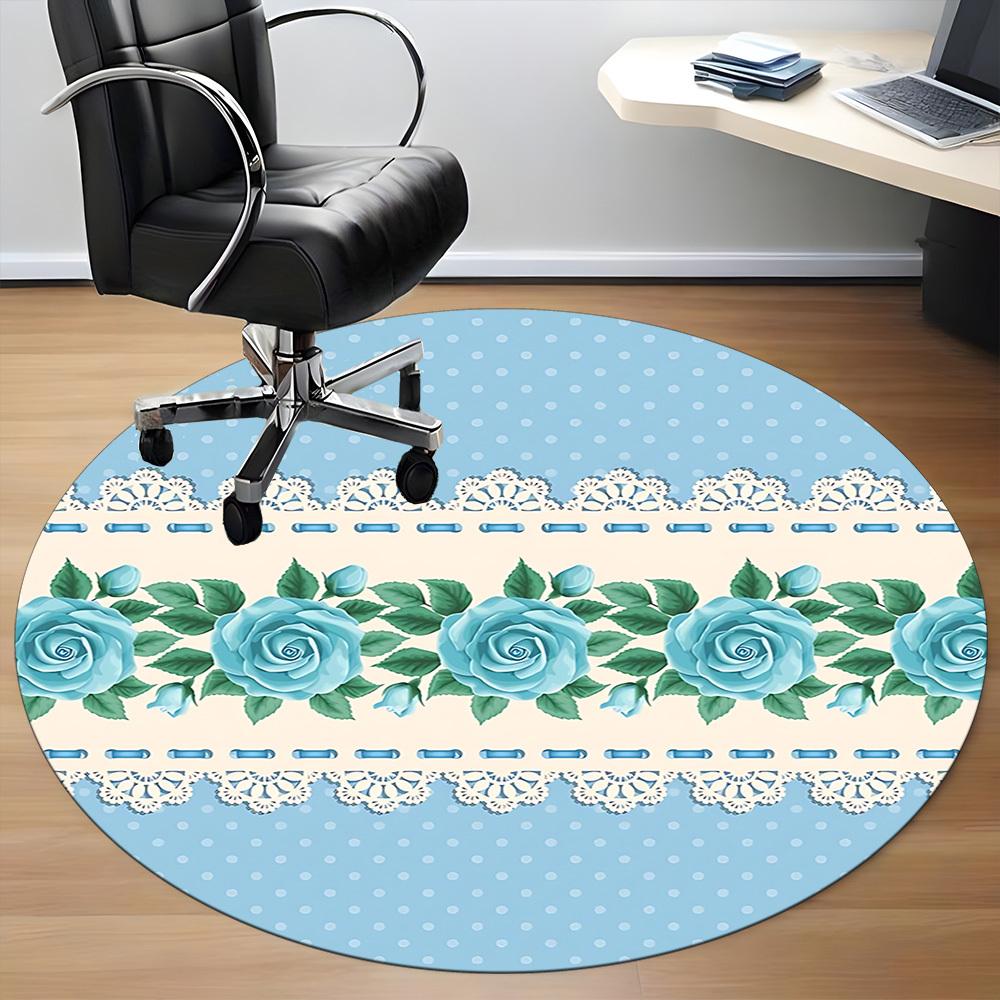 1pc Blue Rose Lace Pattern Office Round Rug, Carpet for Office, Gaming, Lightweight Round Floor Mat Yy260208029
