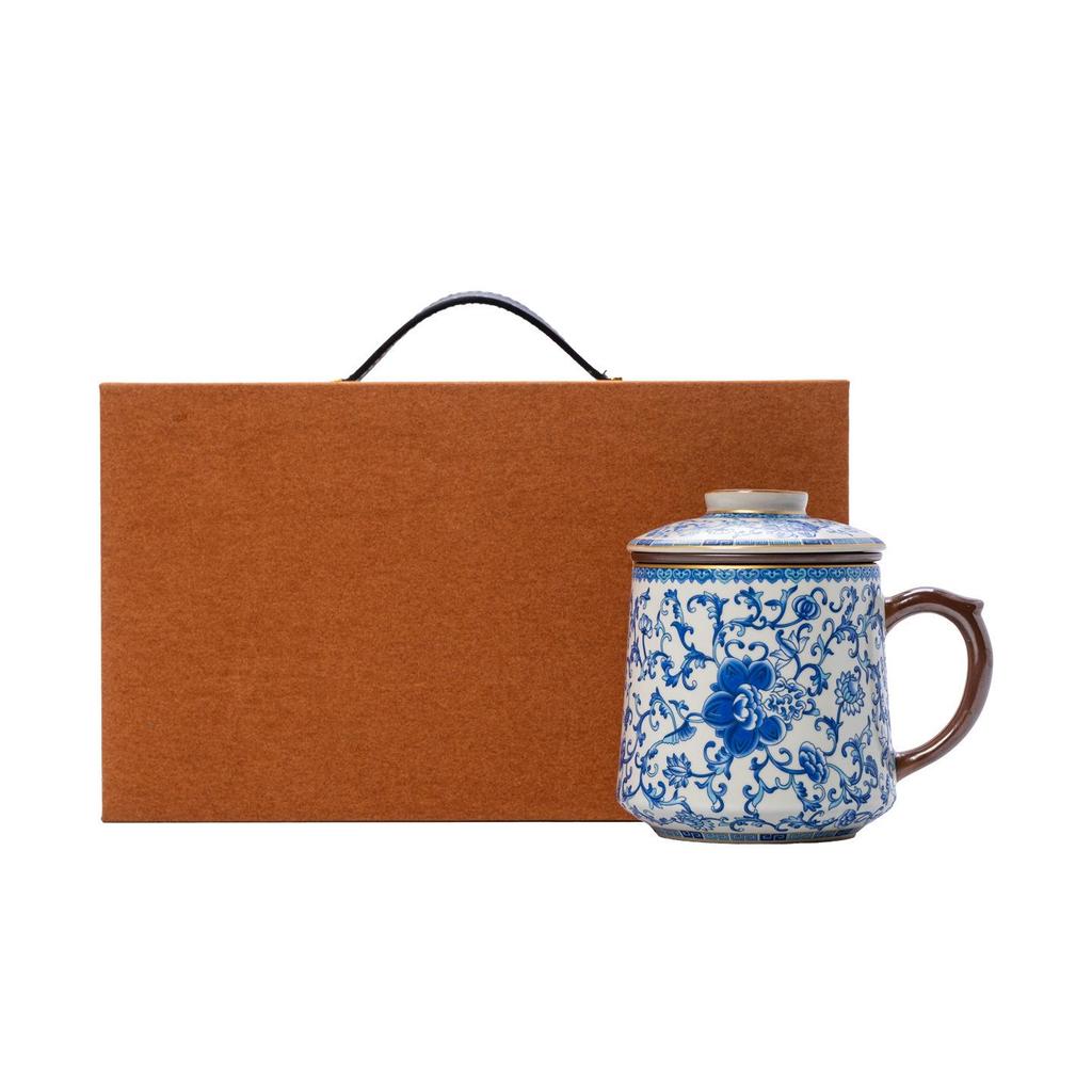 Ru Ware Blue & White Ceramic Office Tea Cup with Lid & Separator