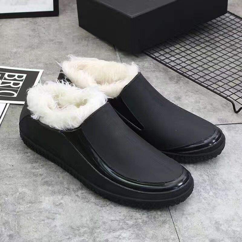 Rain Shoes Men's Wet and Dry Kitchen Work Warm Rain Boots Rubber Shoes Waterproof and Non-slip Cotton Men's Short Water Shoes