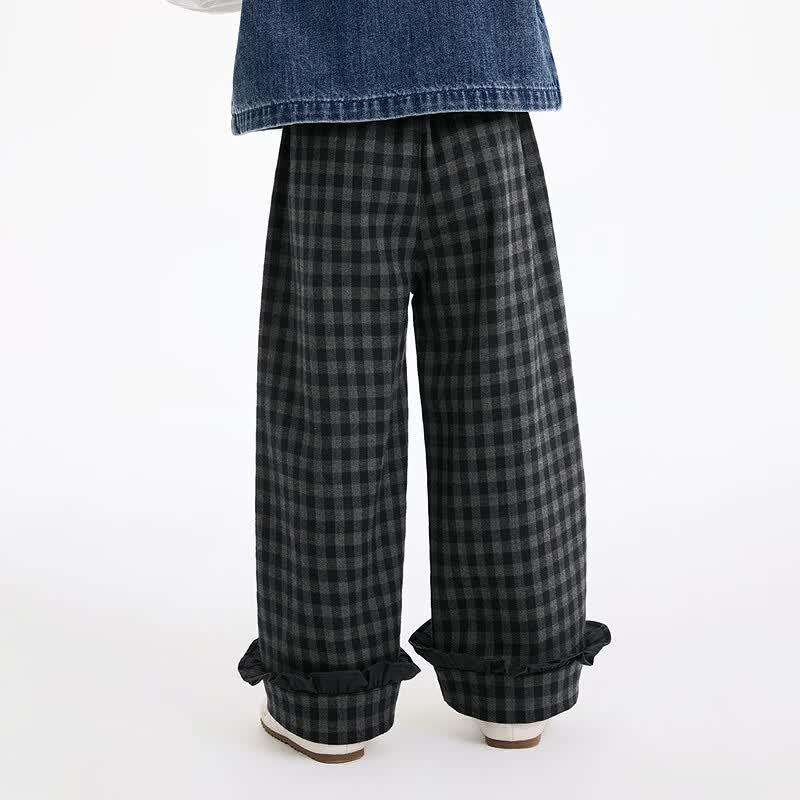 Girls' Retro Plaid Ruffle-Trim Rolled-Hem Wide-Leg Pants