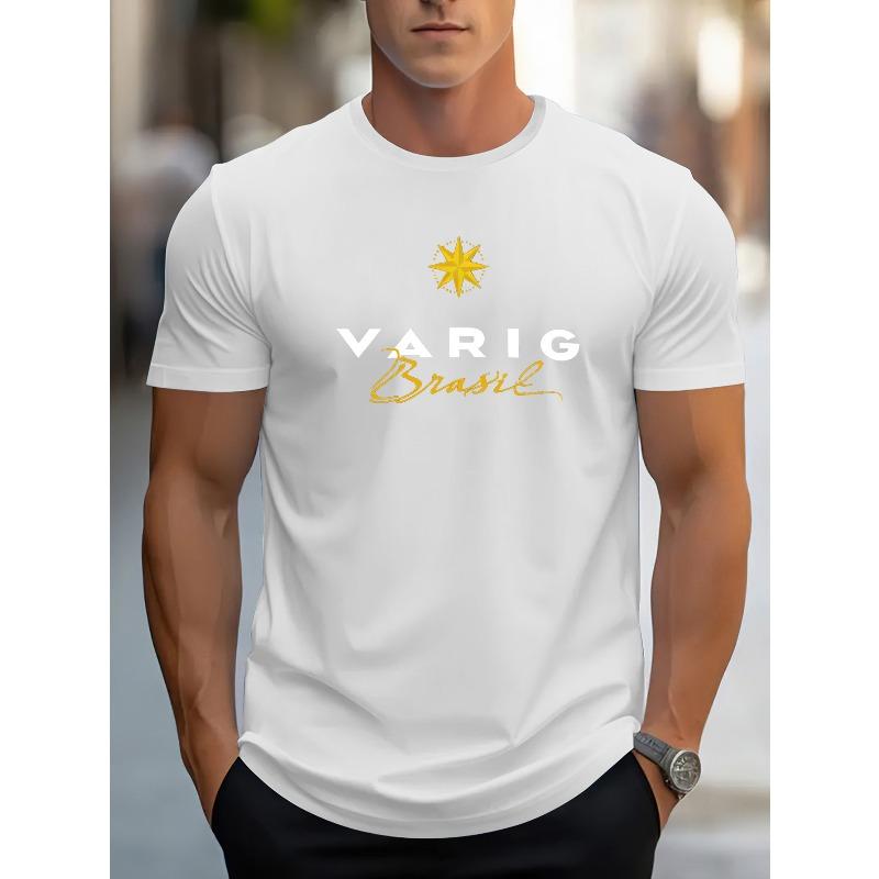 

Men S Casual Summer T-Shirt - Soft, Breathable Round Neck Tee with VARIG Brasil Print, Regular Fit for Casual Attire, Breathable Clothing S белый
