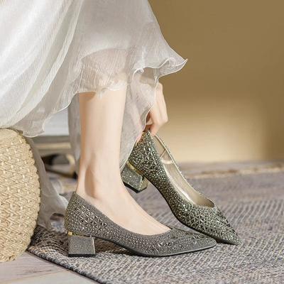 French Pointed Thick Heel Rhinestone Single Shoes Soft Sole Temperament Versatile Light Mouth Women's Shoes Silver High Heels