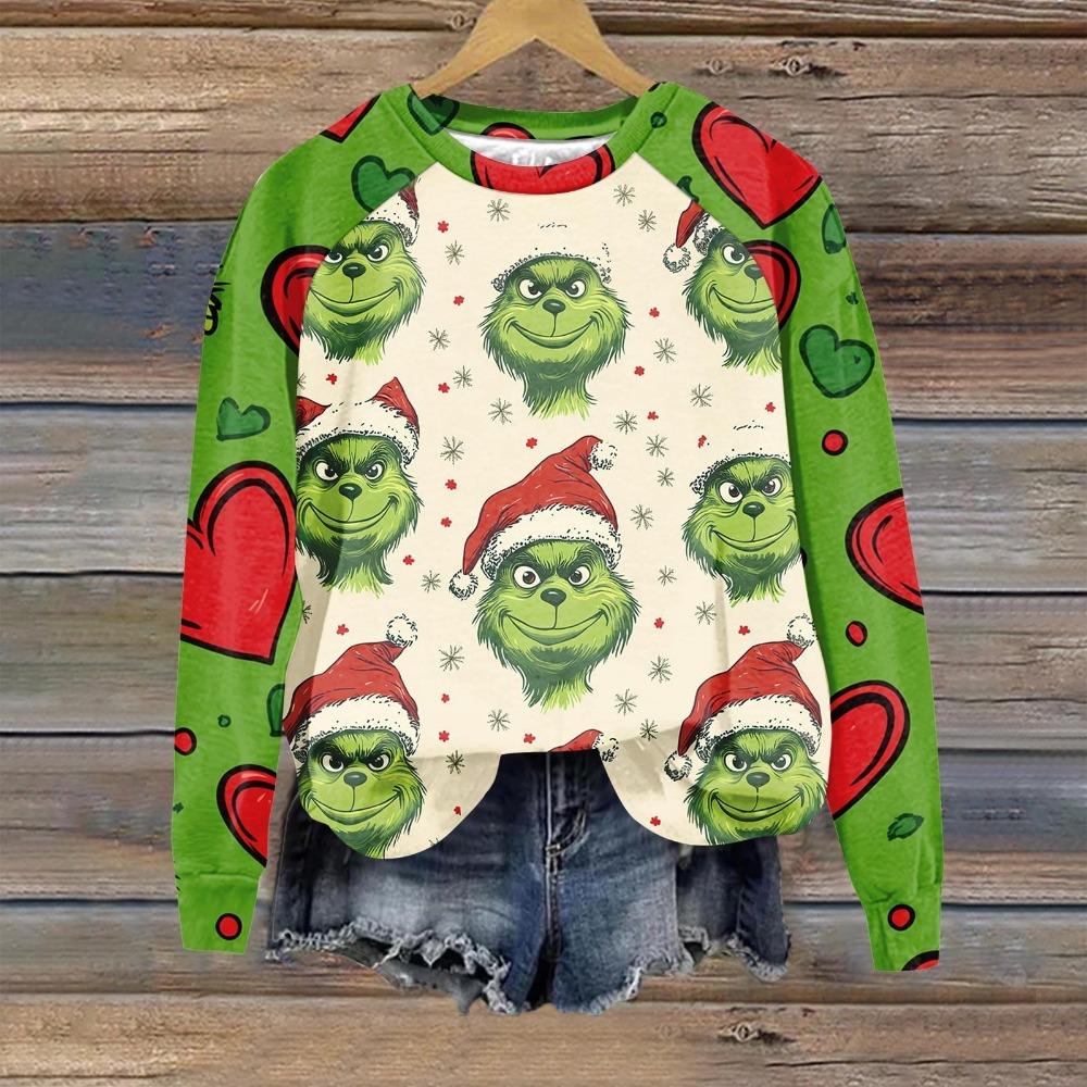 Christmas Fashion Men and Women's T-shirt Green Monster Print O-Neck Pullover Top Casual Outdoor Sweatshirt Kids T-shirt Top Clothing