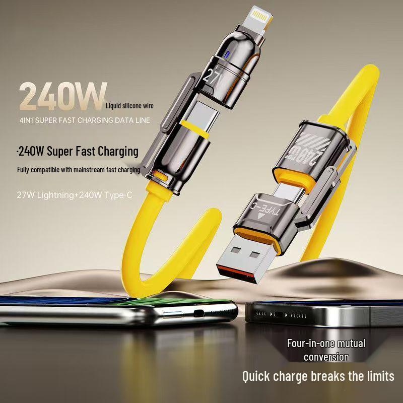 240W 4-in-1 Silicone Data Cable with Zinc Alloy Connectors for Super Fast Charging