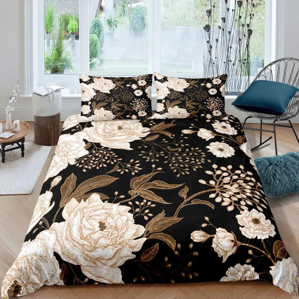 Pink Peony Duvet Cover Set Tulips Flowers Comforter Cover For Girls Women TwinFlorals Blossoms Botanical Plants Bedding Sets
