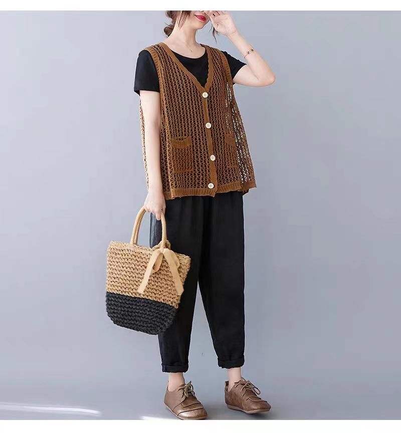 Retro Artistic Hollow-Out Knit Vest – Women's Loose Cotton-Linen Cardigan