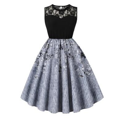 Halloween Nowa Sukienka Retro Koronkowa Okrągły Dekolt Bez Rękawów Patchworkowa Sukienka Wahadłowa