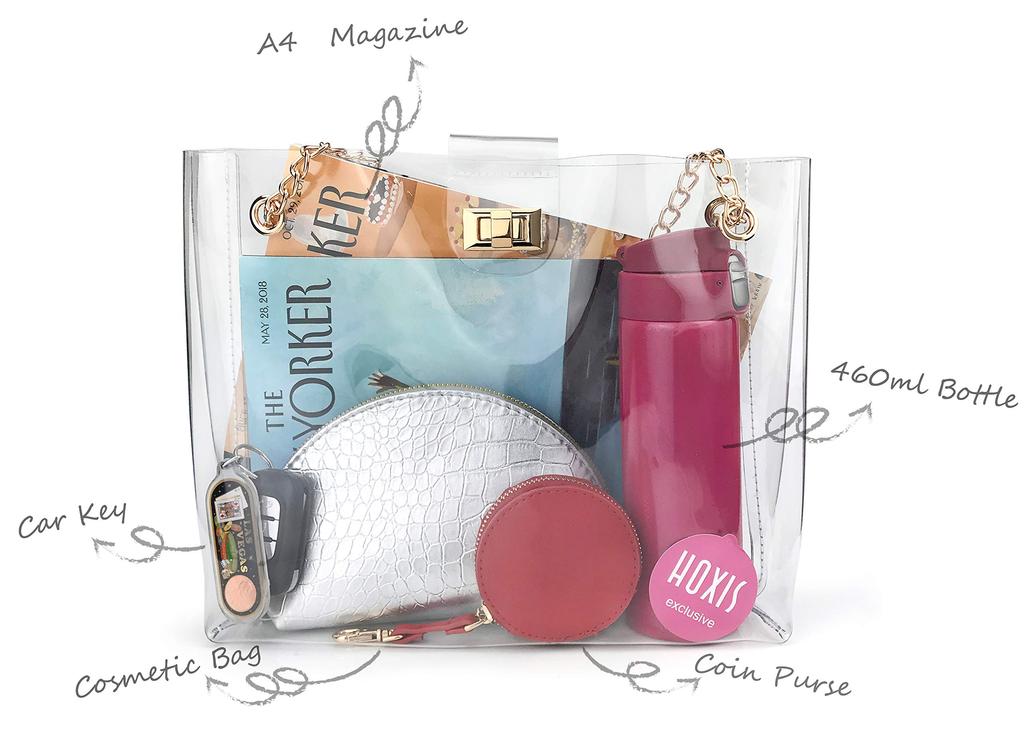 Hoxis Clear PVC Tote Bag with Chain, Women's, Vinyl, Crossbody Bag, Shoulder Bag, 2-Way, Beach, Ocean, Multi-Purpose (Transparent)