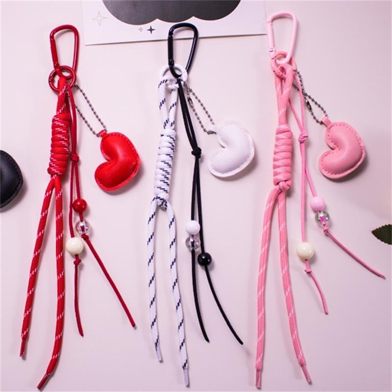 Colorful Hand Braided Rope Roman Knot Keychain Pendant Sweet Leather Heart Charm Bag  Hanging Ornaments Car Keyring Gifts