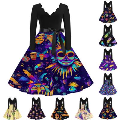 Damen Casual Fashion V-Ausschnitt Langarm Karneval Print Vintage Kleid