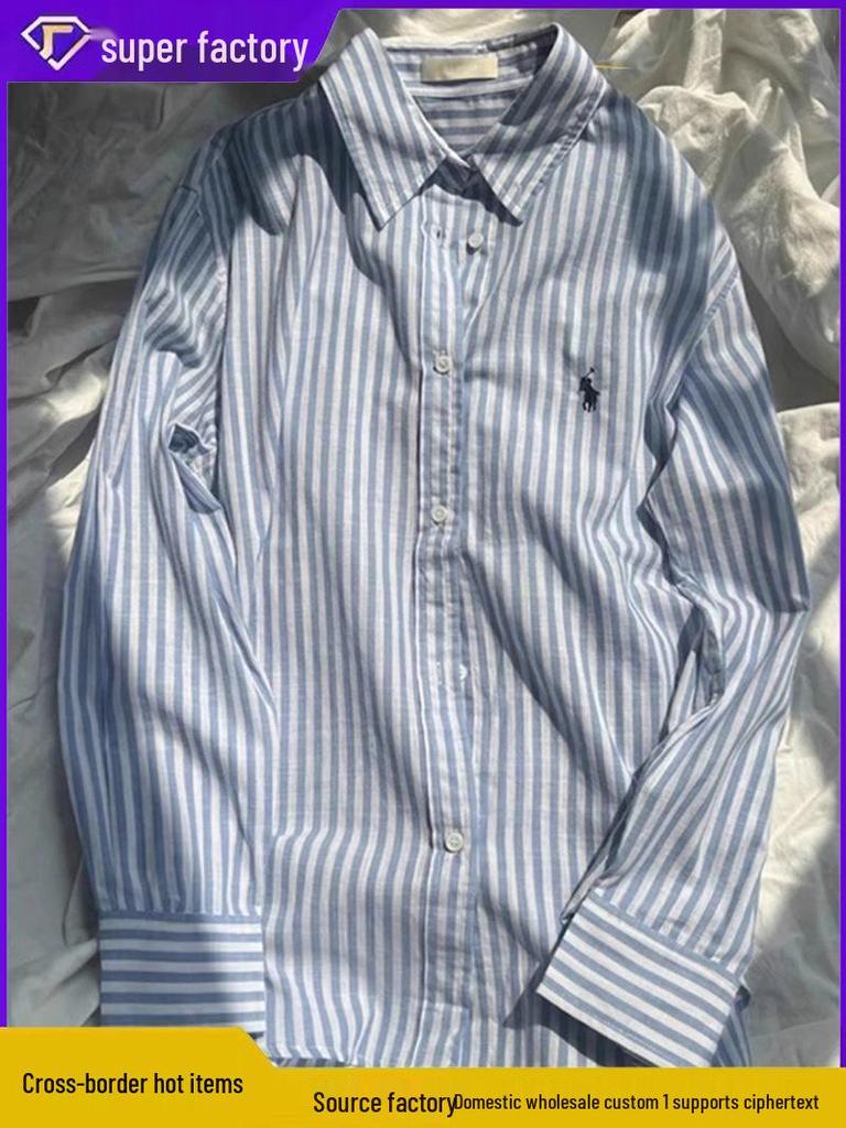 Ralph Lauren Women's Striped Long Sleeve Polo Shirt with Embroidered Horse Logo, Pure Cotton, Sun Protection