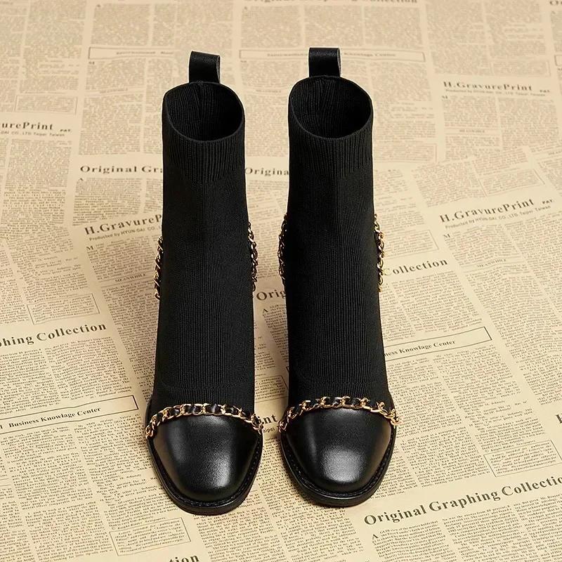 Fashion Autumn Women Knit Ankle Boots Fashion Slip on Slimming Short Booties Autumn Winter Female Thick Heel Shoes
