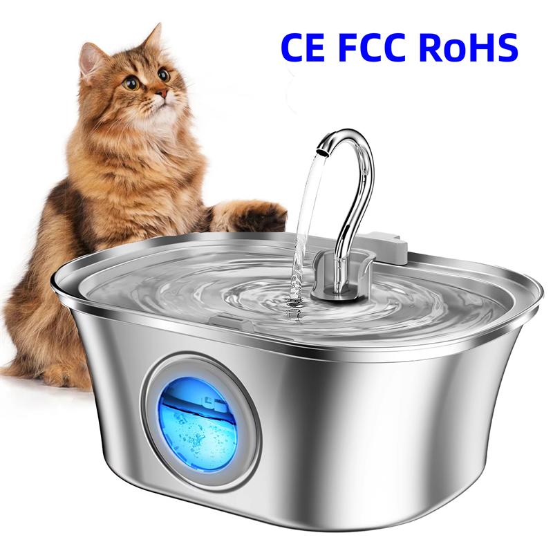 CE 3.2L 108oz Stainless Steel Boat Type Water Fountain with Level Window USB Dog Pet Dispenser